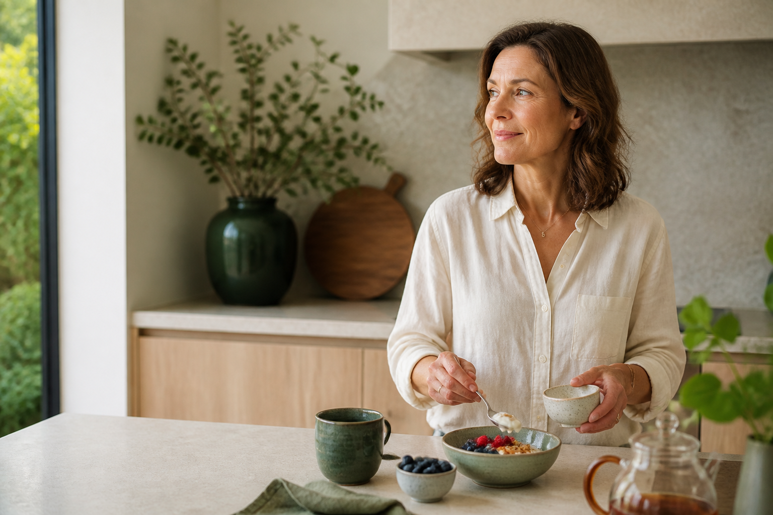 A woman in her late forties preparing breakfast in a calm, bright kitchen